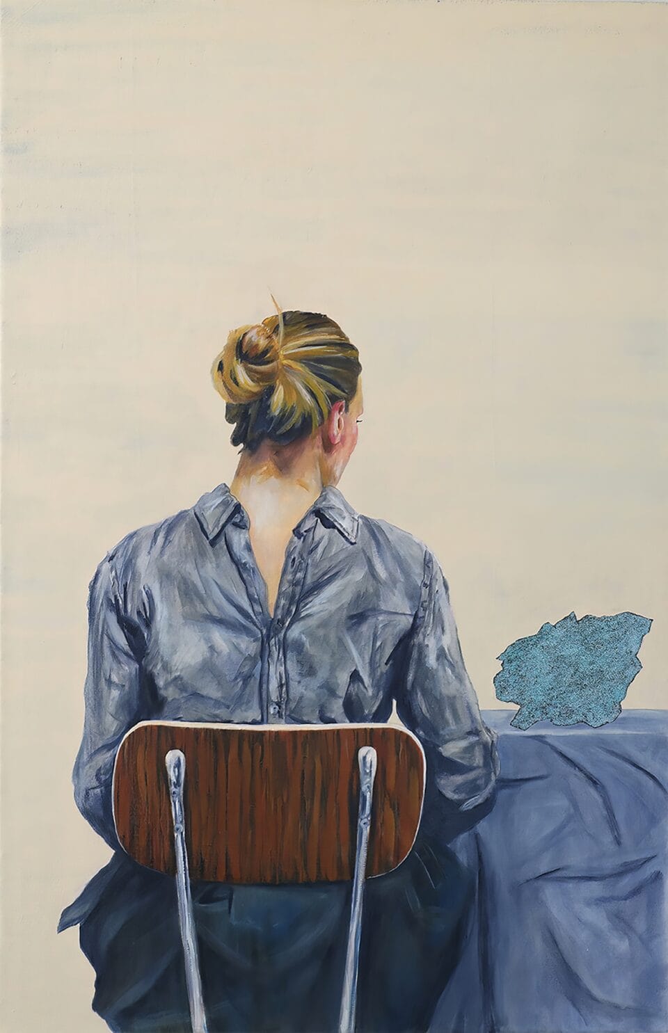 Marie de dos, d'après Hammershøi, 115x75 cm, huile et paillettes sur toile, 2019