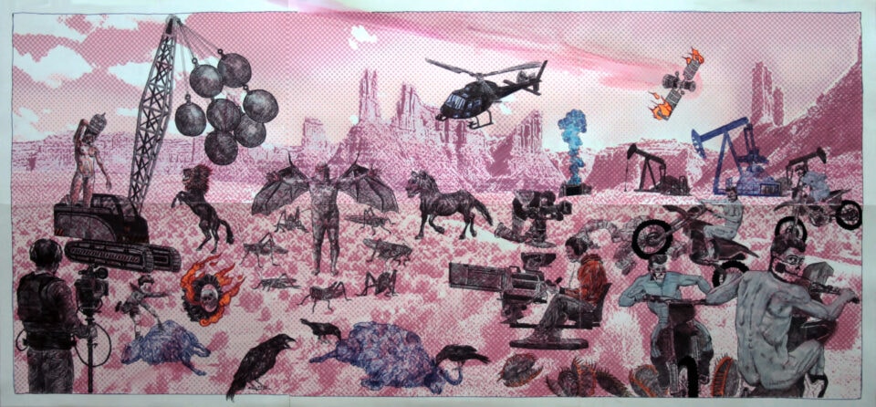 24/24 Apocalypse en continue,58,5×124 cm, stylo à bille et acrylique sur papier, 2022