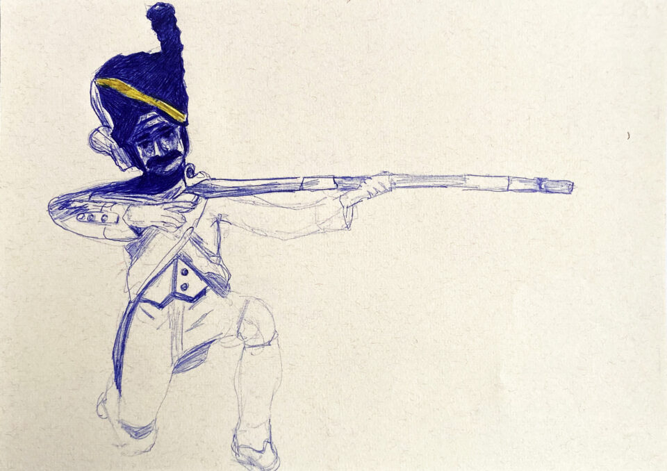 Artilleur, 29,7x21 cm, stylo à bille et crayon de couleur sur papier, 2023 