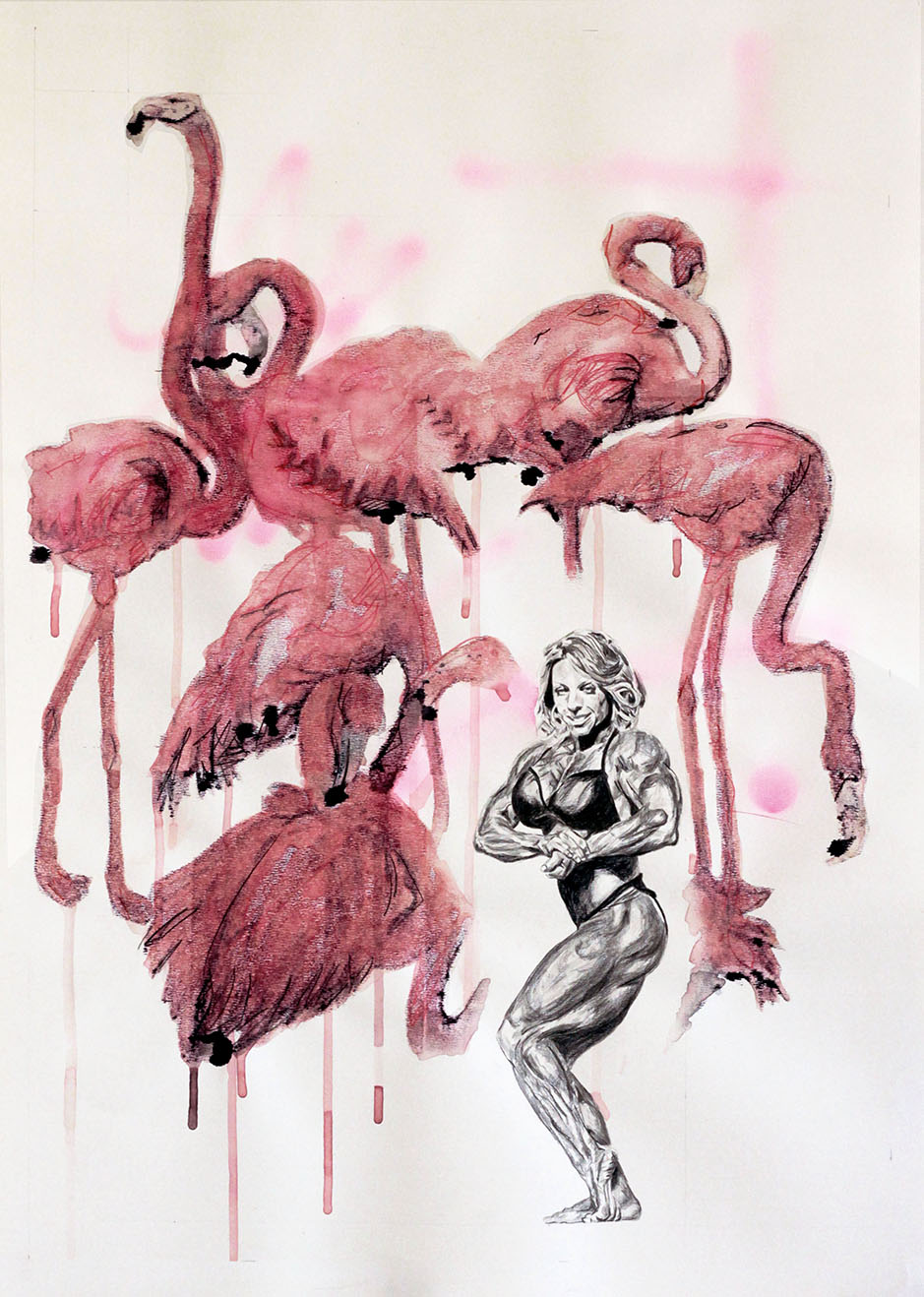 Body et flamands, 65x50 cm, technique mixte sur papier, 2016