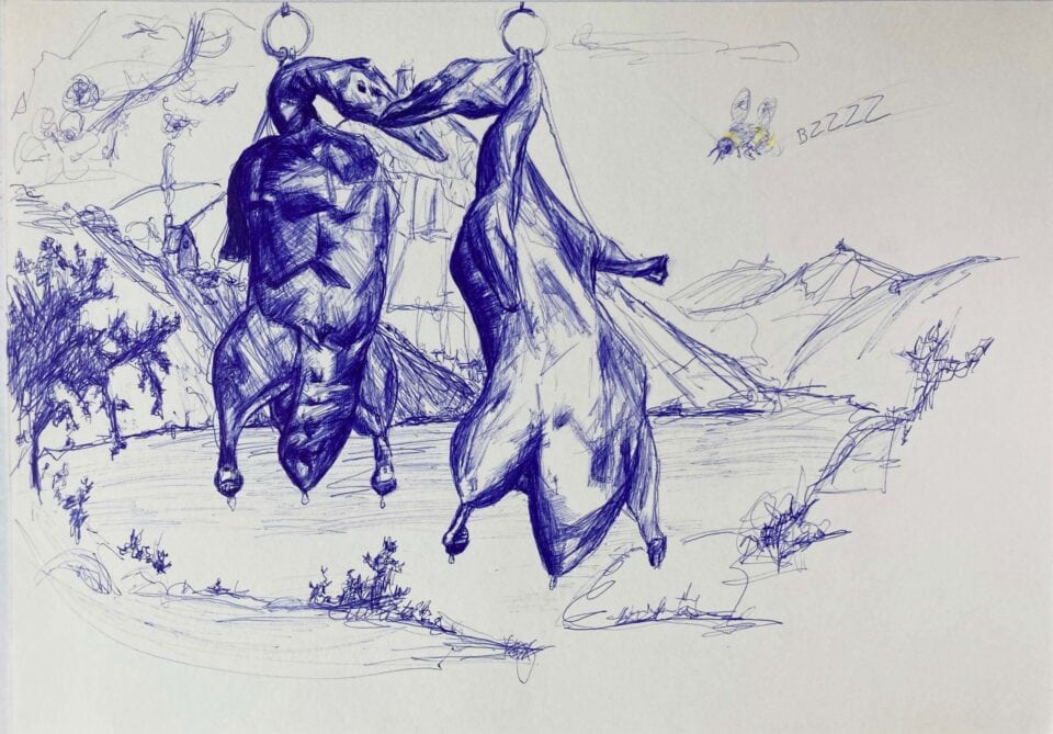 Canards laqués en Bavière, 29,7x42 cm, stylo à bille et crayon de couleur sur papier, 2023