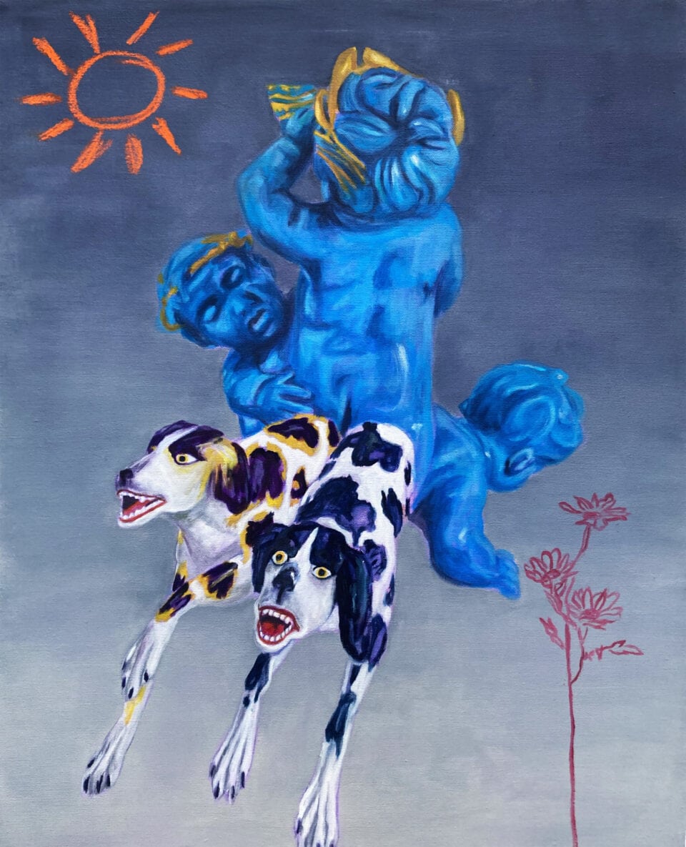 Chiens et putti, 60x50 cm, huile et craie sur toile, 2023