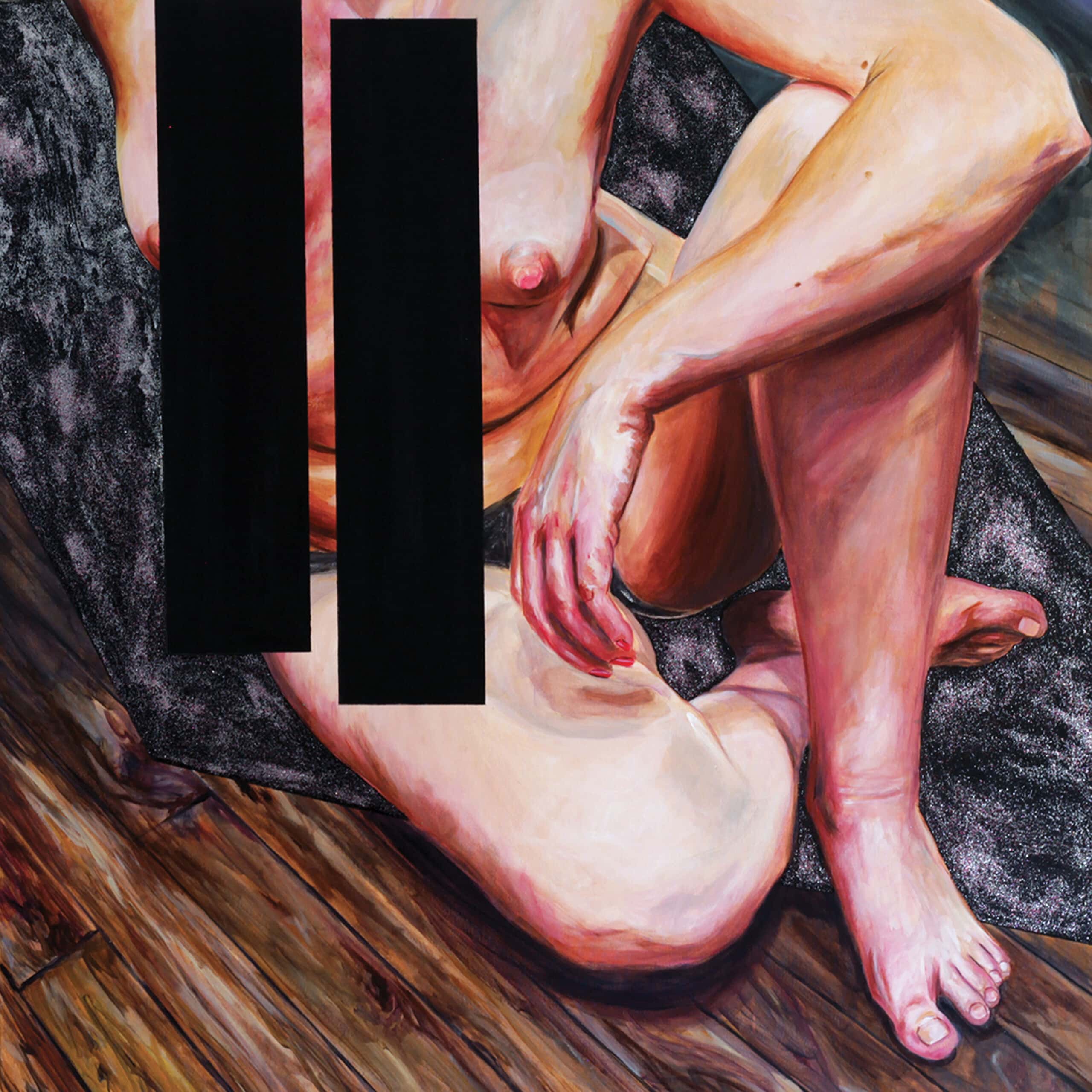 Corps de jeune femme et bandes noires, 100x100 cm, huile et paillettes sur toile, 2018 