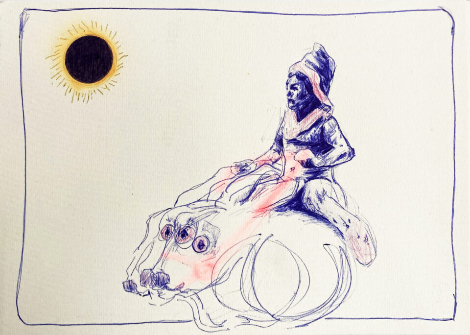 Course de lapin géant sous éclipse, 29,7x21 cm, stylo à bille, feutre et crayon de couleur sur papier, 2023 