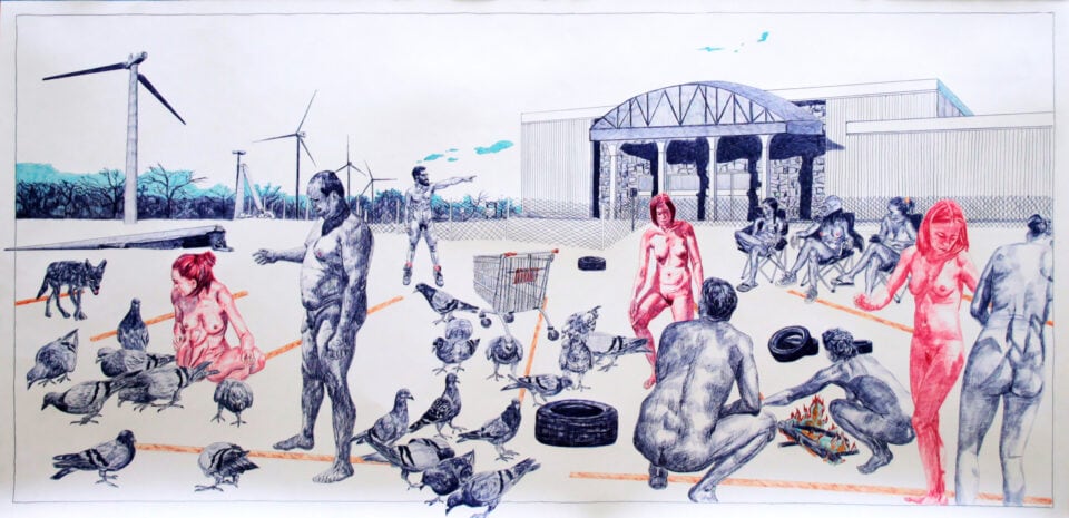 Des hommes et des pigeons, 60x124 cm, stylo à bille sur papier, 2022