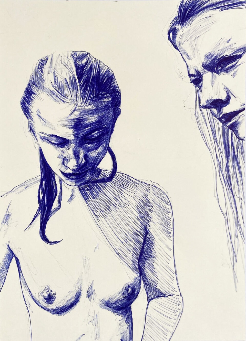 Double portrait féminin, 29,7x21 cm, stylo à bille sur papier, 2023 