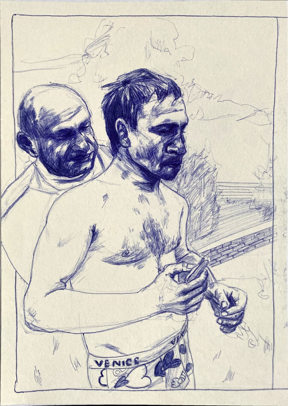 Double portrait masculin, 29,7x21 cm stylo à bille sur papier, 2023 