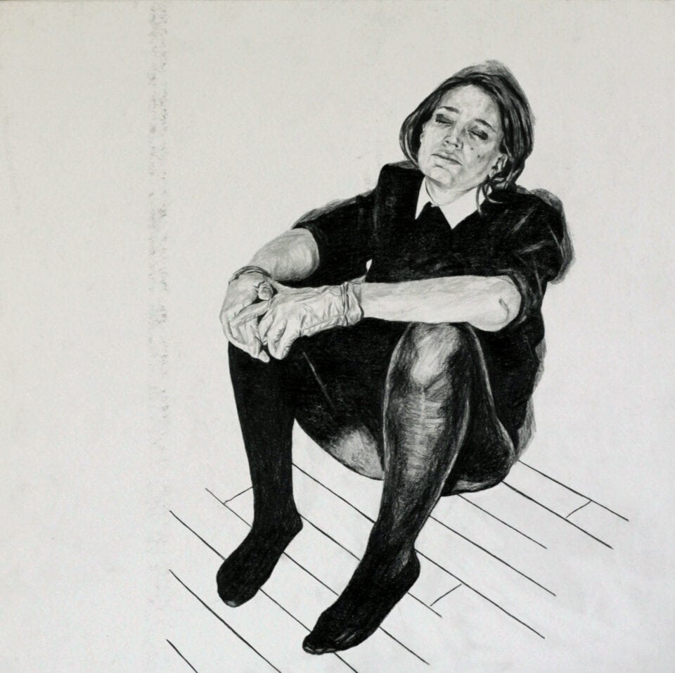 Marie au gants, 37,5x37,5 cm, crayon sur papier cartonné, 2016