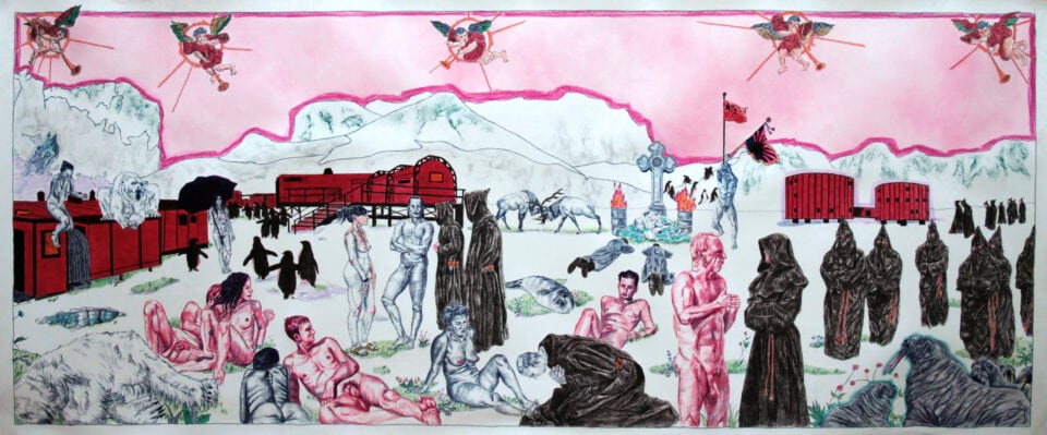 Perte du dernier territoire, 65x156 cm, stylo à bille et stabilo sur papier, 2021