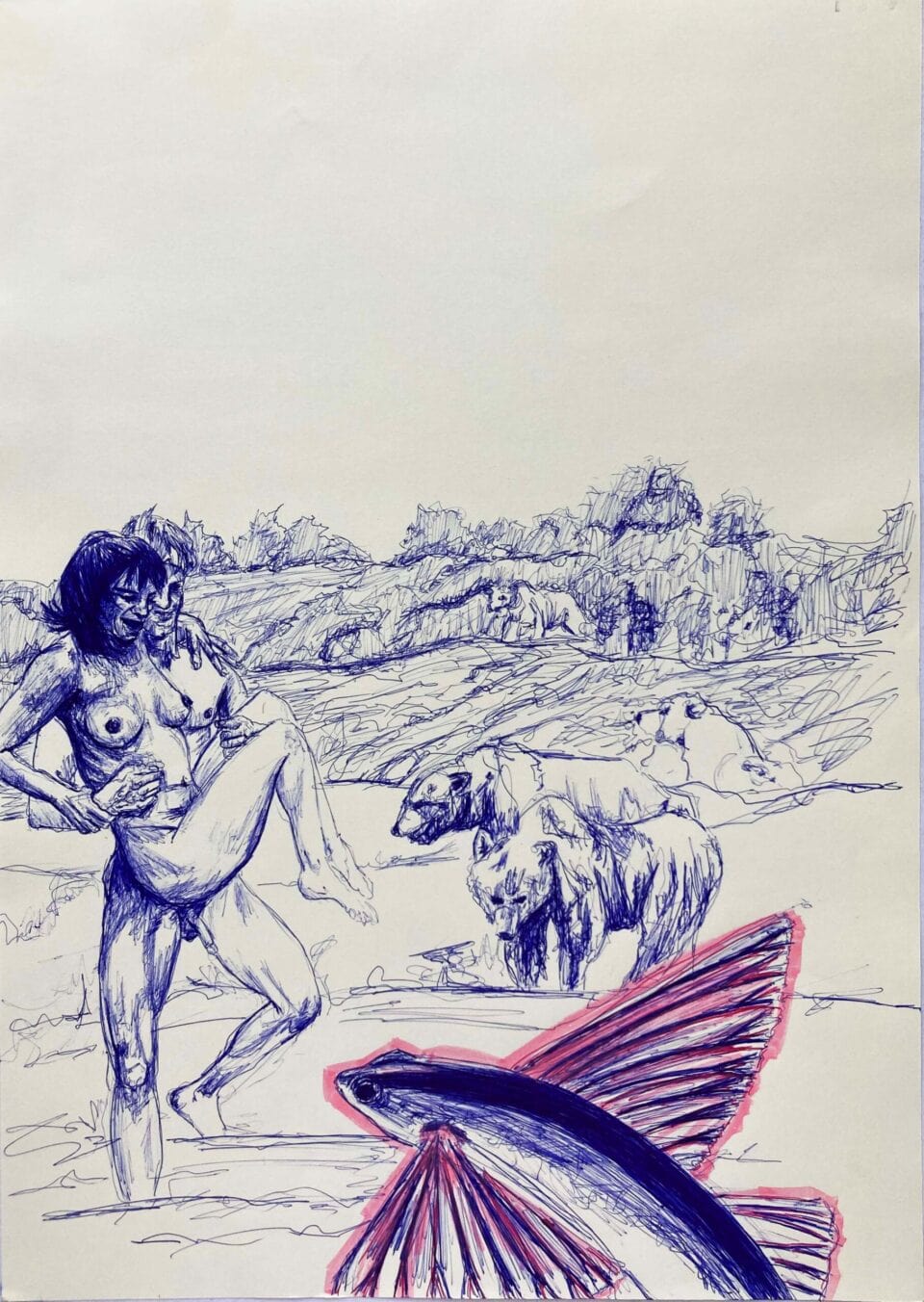 Poisson volant, 42x29,7 cm, stylo à bille et feutre sur papier, 2023 