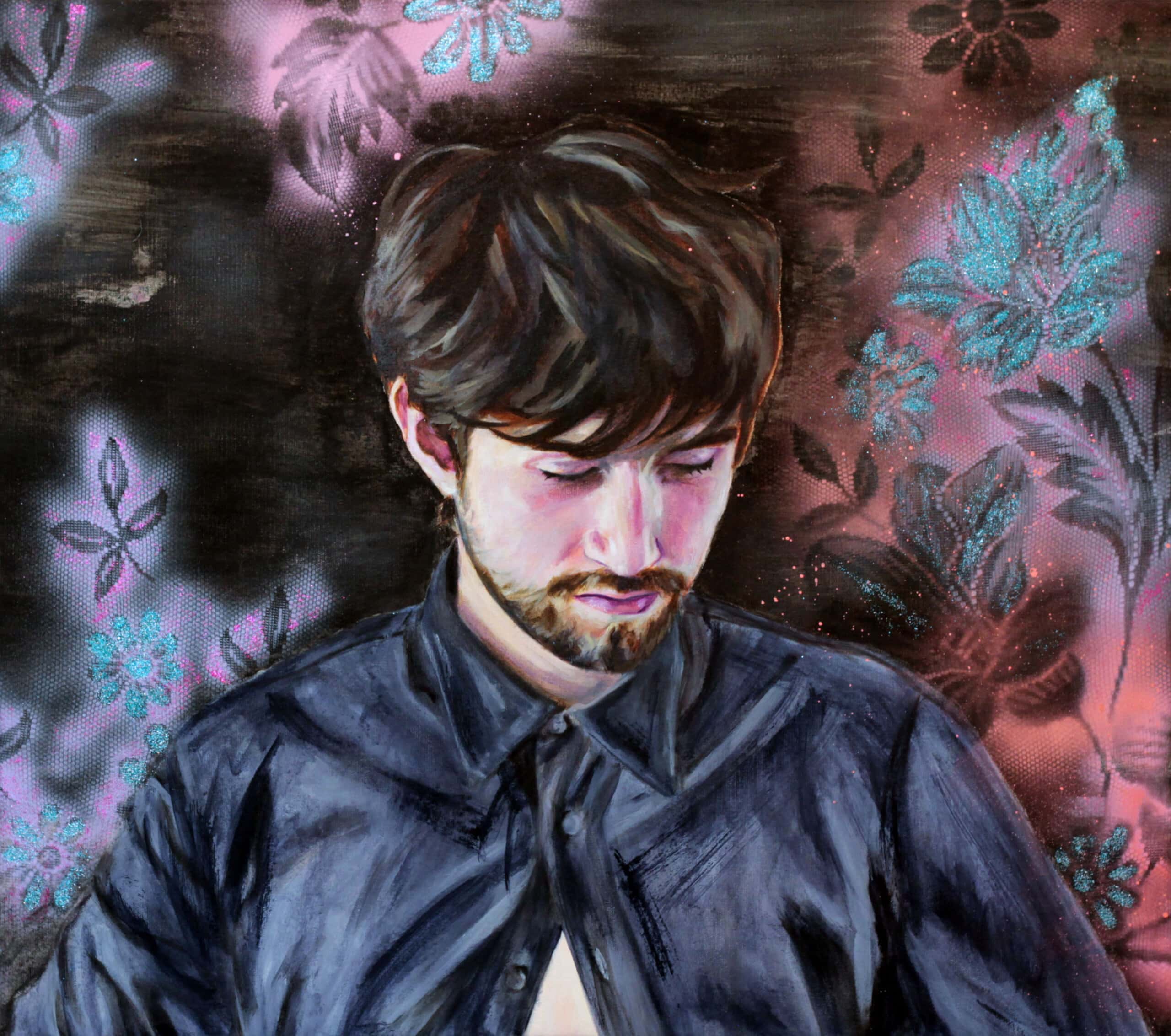 Portrait de Paco, 62x70 cm, huile aérosol et paillettes sur toile, 2020 