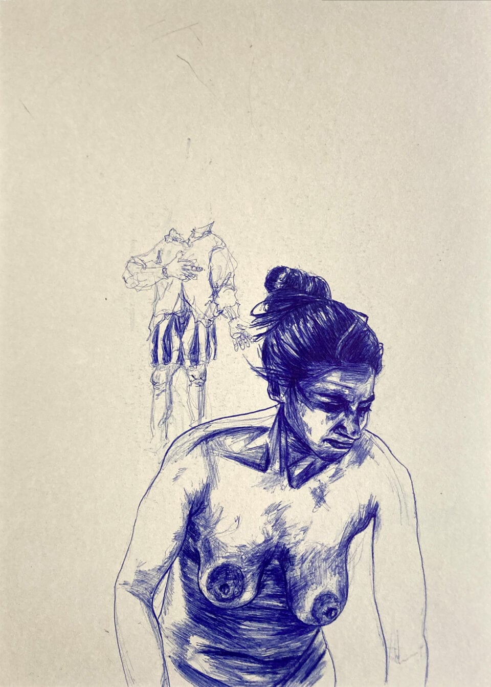 Portrait de femme devant un gentilhomme s'excusant, 29,7x21 cm stylo a bille sur papier, 2023 