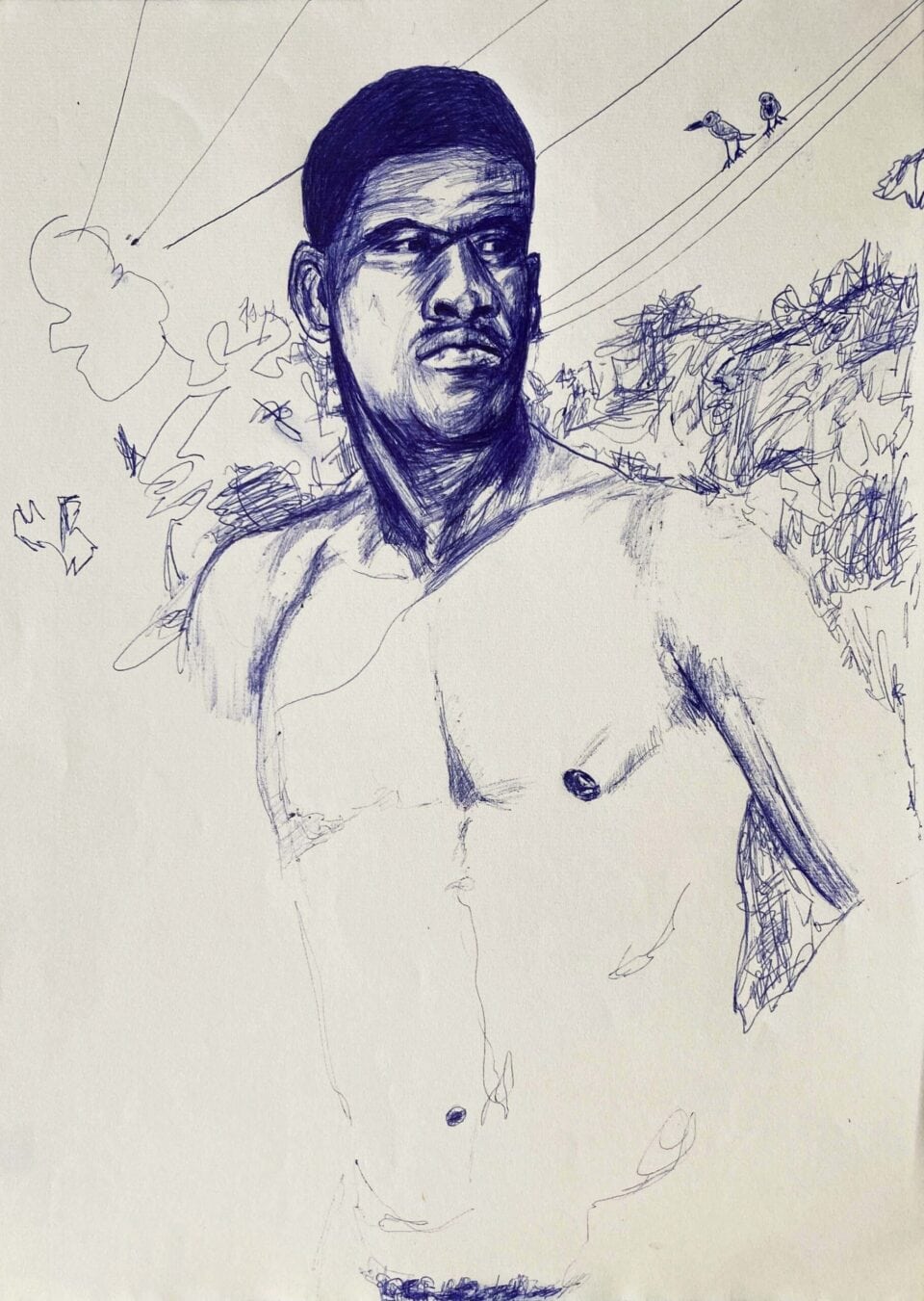 Portrait d'homme aux oiseaux, 42x29,7 cm, stylo à bille sur papier 2023 