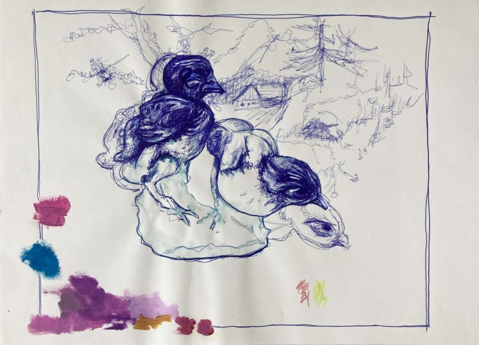 Poussins, 29,7x42 cm, stylo à bille, crayon de couleur et peinture a l'huile sur papier, 2023