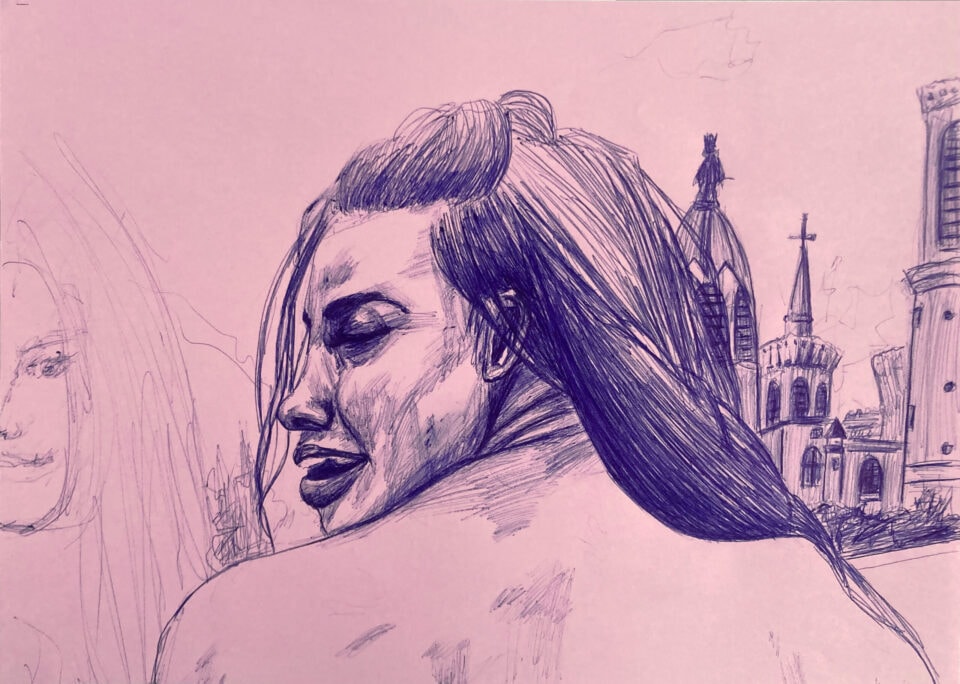 Profil féminin devant Fourvière, 21x29,7 cm, stylo à bille sur papier, 2023 