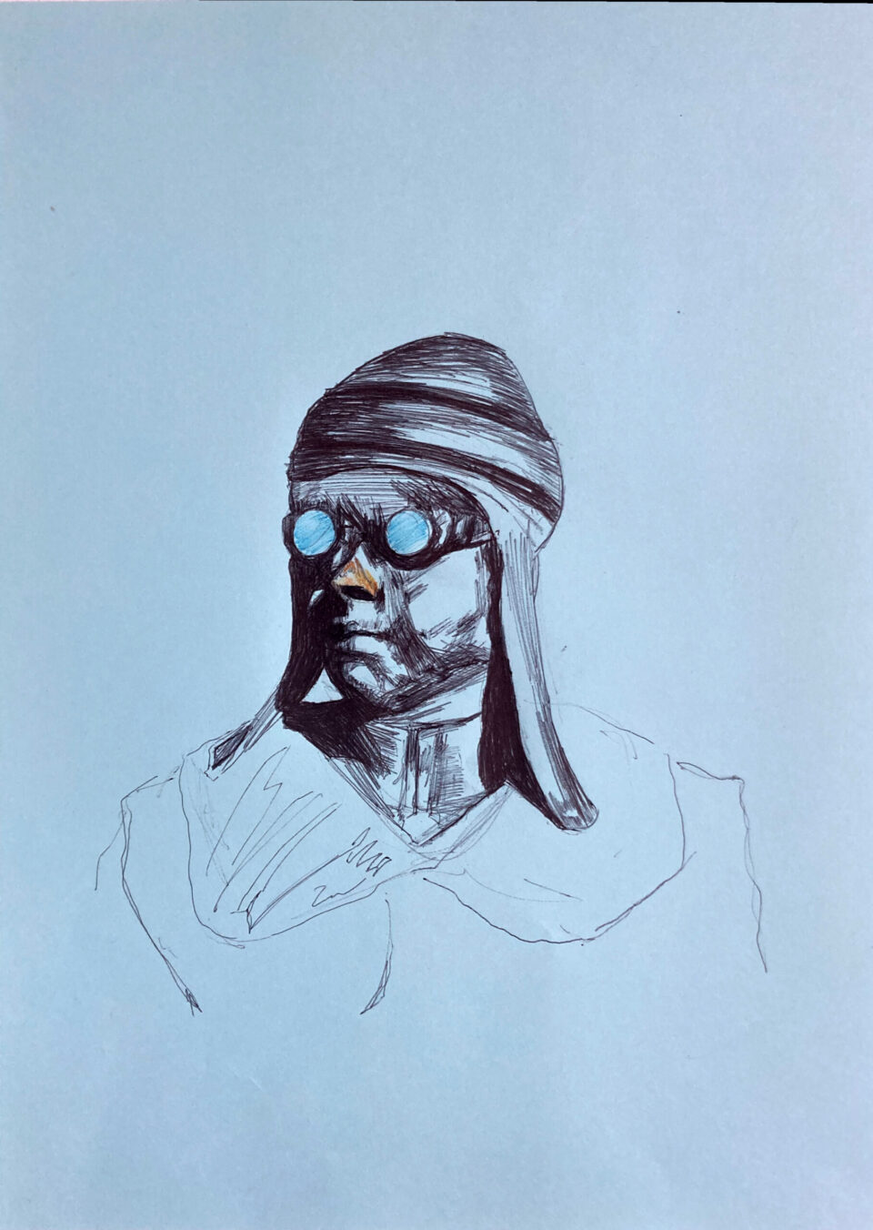 Tête d'aviateur, 29,7x21 cm, stylo et crayon de couleur sur papier, 2023