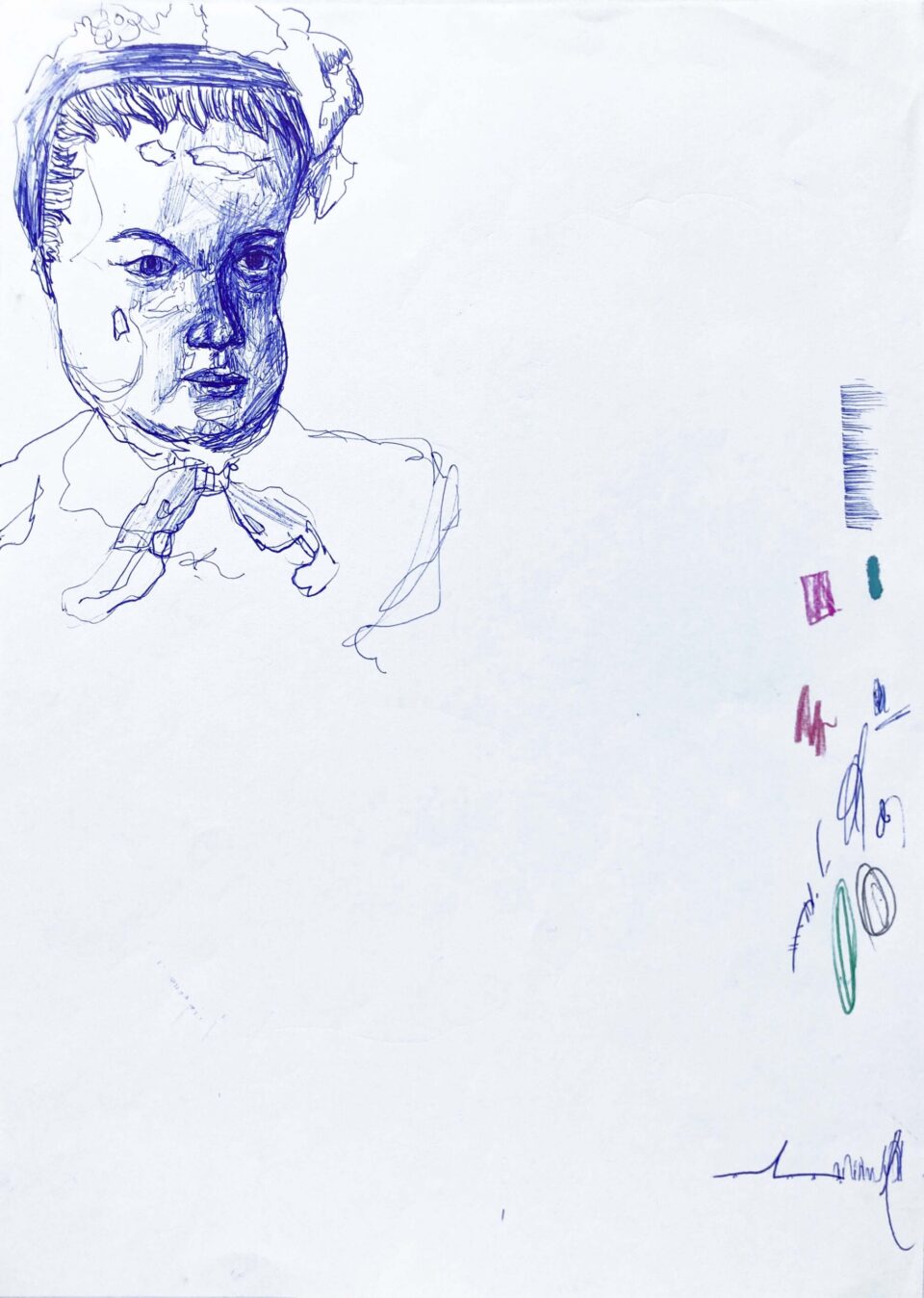 Tête de poupée, 29,7x21 cm, stylo à bille, feutre et crayon de couleur sur papier, 2023 