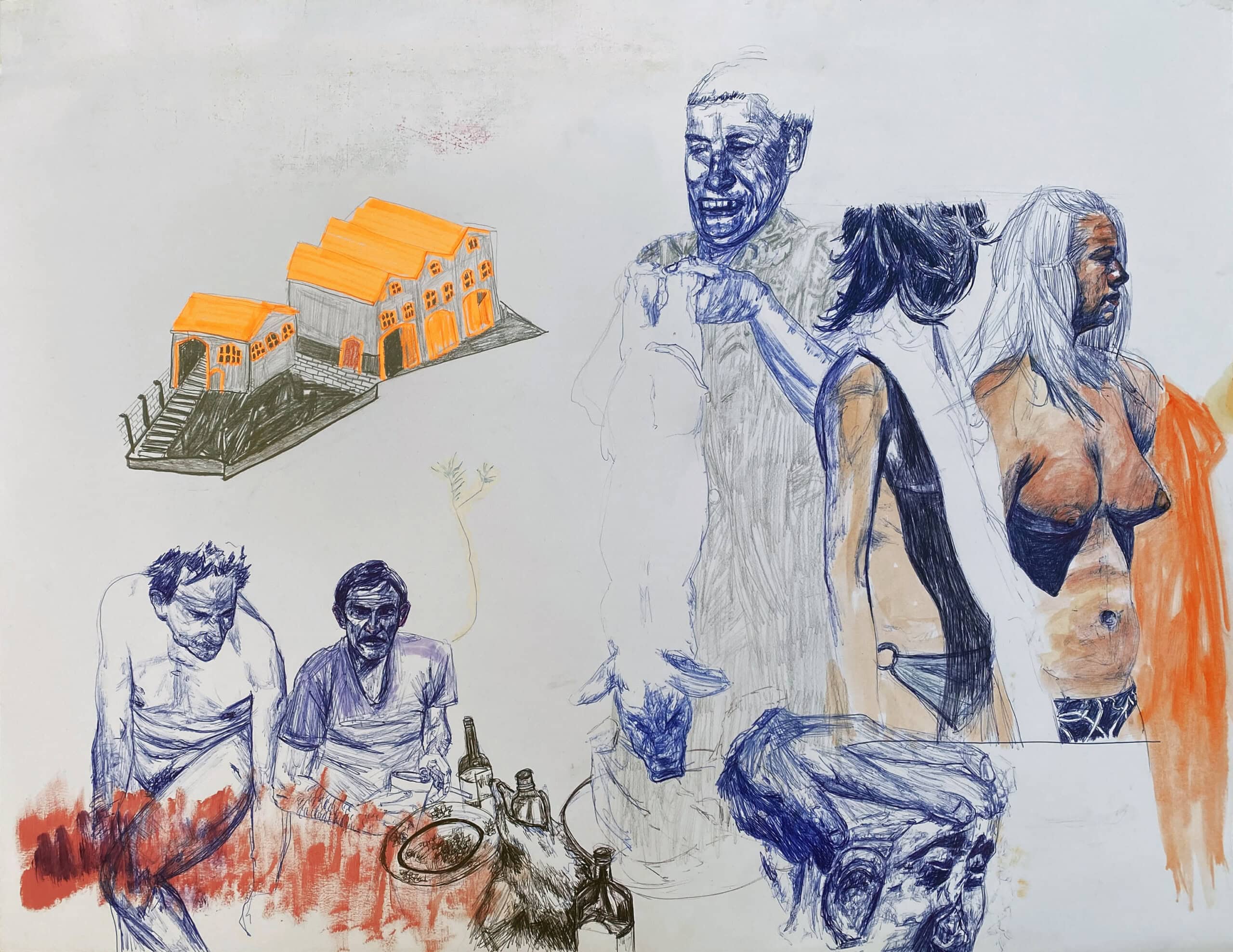 Sans titre, 50x65 cm, stylo à bille, crayon, aquarelle et stabilo sur papier, 2026