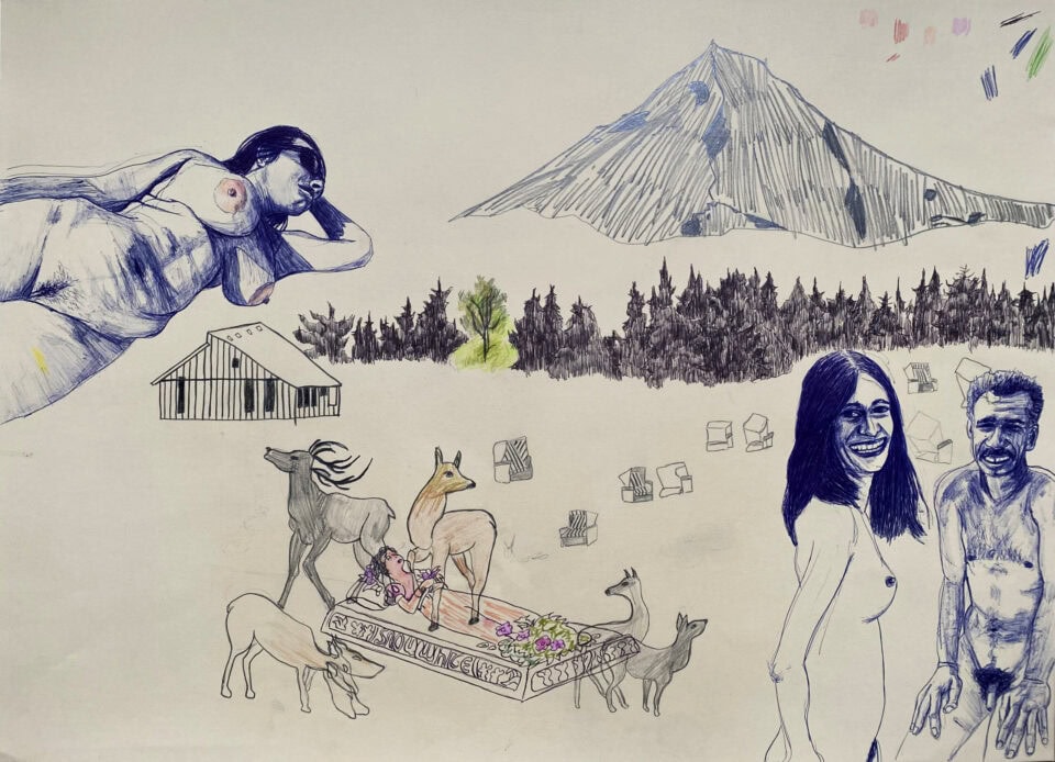 Sans titre, 42x59 cm, stylo à bille, crayon, crayon de couleur, 2025