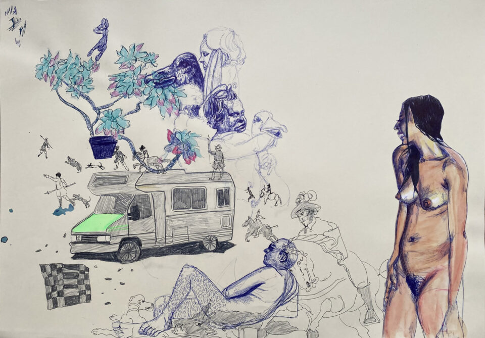 Sans titre, 42x59 cm, stylo à bille, crayon,encre, feutre sur papier, 2025