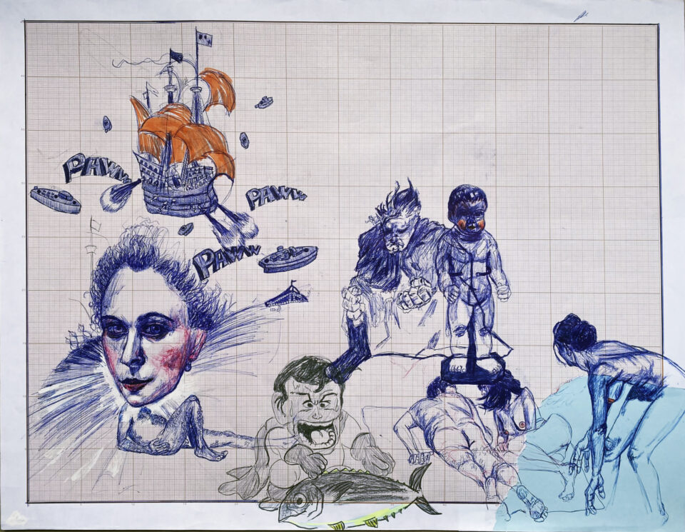 Sans titre, 50x65 cm, stylo à bille, crayon, feutre sur papier, 2025