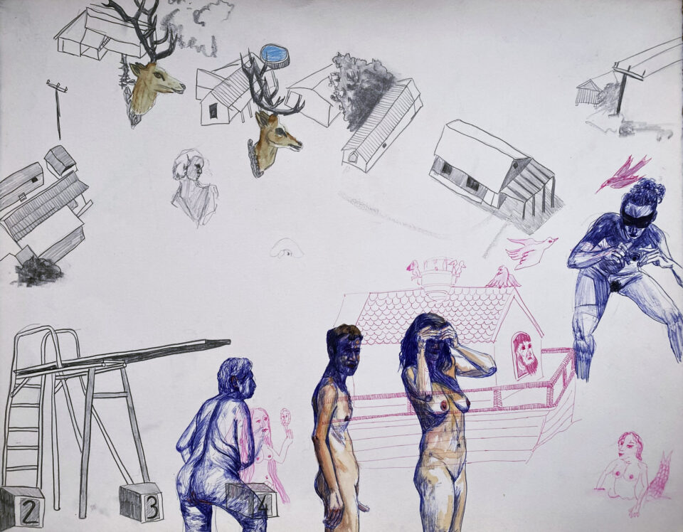 Sans titre, 50x66 cm, stylo à bille, stylo gel, crayon, aquarelle sur papier, 2025